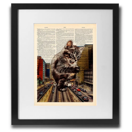 Catzilla Art Print On Vintage Dictionary Page