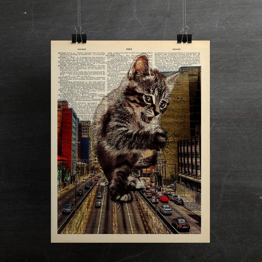 Catzilla Art Print On Vintage Dictionary Page