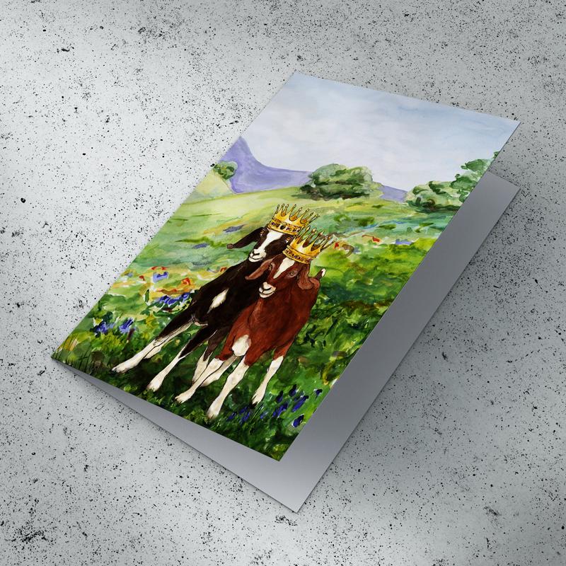 Golden 5"x7" greeting card - Two goats art card - Goats with crowns note card - gift card