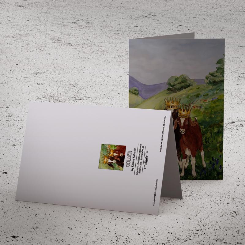 Golden 5"x7" greeting card - Two goats art card - Goats with crowns note card - gift card