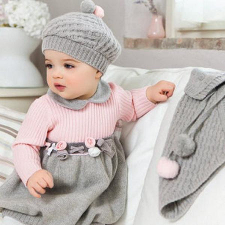 Knit Outfit Including, Bonnet, 2 Tone Dress, & Cape